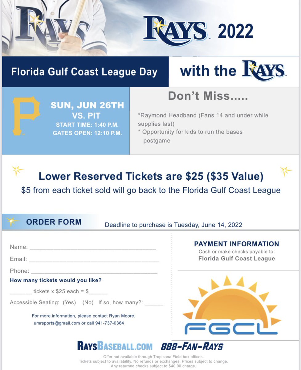 SAVE THE DATE! 
FGCL Baseball in conjunction with  <a href="/RaysBaseball/">Tampa Bay Rays</a>, will host the inaugural 2022 FGCL DAY at the ballpark at Tropicana Field, 6/26! Support the FGCL and players as we look forward to this event with the Rays, reserve your tickets today!! Email to fgclbaseball@gmail