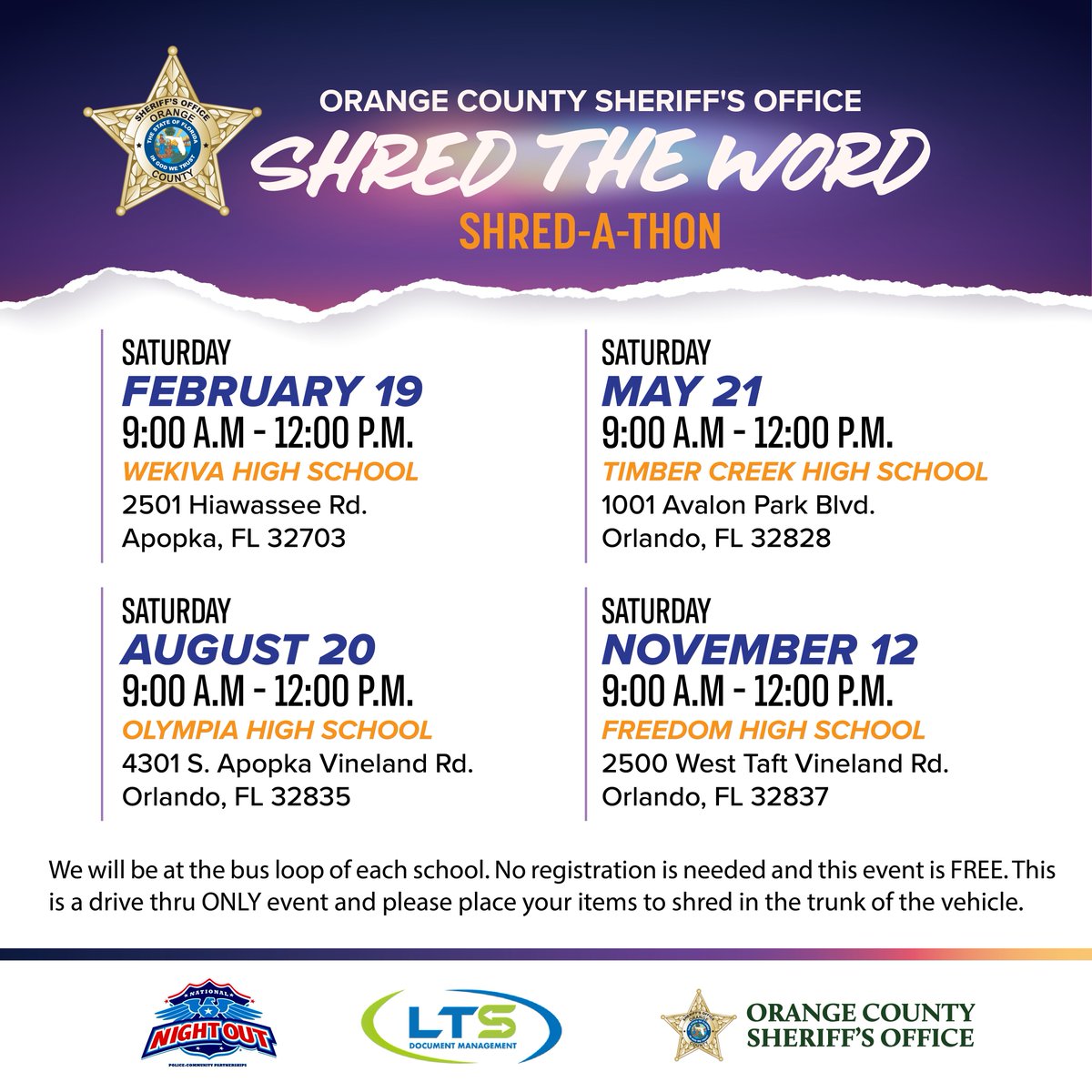 OrangeCoSheriff's tweet photo. The moment you have been waiting for is quickly approaching. You missed the last #shreadathon or previously attended & have been holding documents for the next #shreddingevent. OCSO is hosting 3 more events for you to #safelyshred. Check out the flyer, pick a date & #shredtheword https://t.co/oPgCenB3ZV