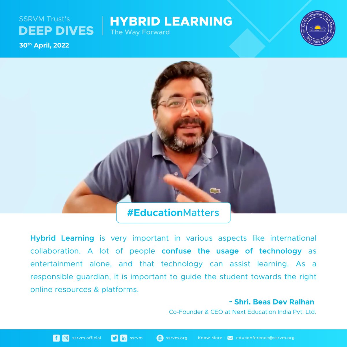 ssrvm's tweet photo. Shri. Beas Dev Ralhan @YpointIITB shared some great insights at the SSRVM Trust Deep Dives on the topic - ‘Hybrid Learning - The Way Forward’.
Watch full video on : https://t.co/aXqjcqL3I7
#EducationMatters #SSRVMDeepDives #Future #learning https://t.co/OB29nFPfmi