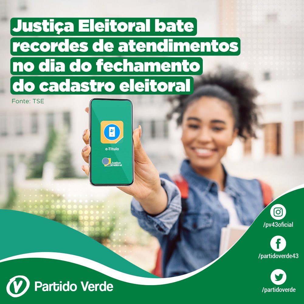 partidoverde's tweet photo. Todas as marcas históricas da Justiça Eleitoral na história foram superadas ontem, durante o último dia de cadastro e regularização eleitoral. Ao todo, foram 830.850 mil atendimentos pela internet e 512.756 mil de forma presencial.
#pv43 #Eleicoes2022 #TituloDeEleitor https://t.co/VAhDEDMxGg