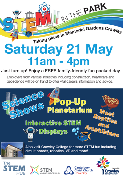 #STEMInThePark22 will inspire young people to consider #STEM subjects &amp; the varied careers available within #STEM in an engaging way. Meet our exhibitors for STEM inspiration 21 May, 11am-4pm, info:  bit.ly/3L9htS1 #Parents #Teachers <a href="/IETSussex/">IET Sussex Network</a> @Crawley_Film <a href="/ThalesUK/">Thales UK</a>