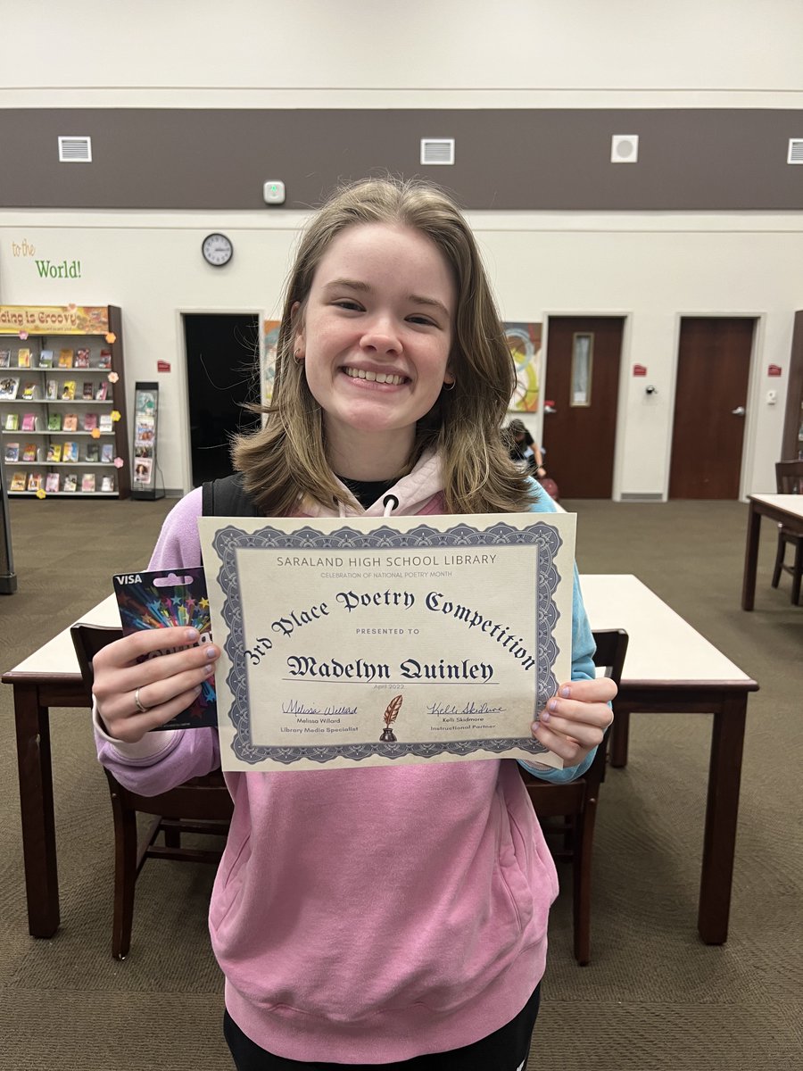 SaralandHSLib's tweet photo. Congratulations to our National Poetry Month Contest winners! (Not pictured - 2nd Place - Alyssa Jordan) #poetryexpressions #nationalpoetrymonth https://t.co/tA3wj9bv9A