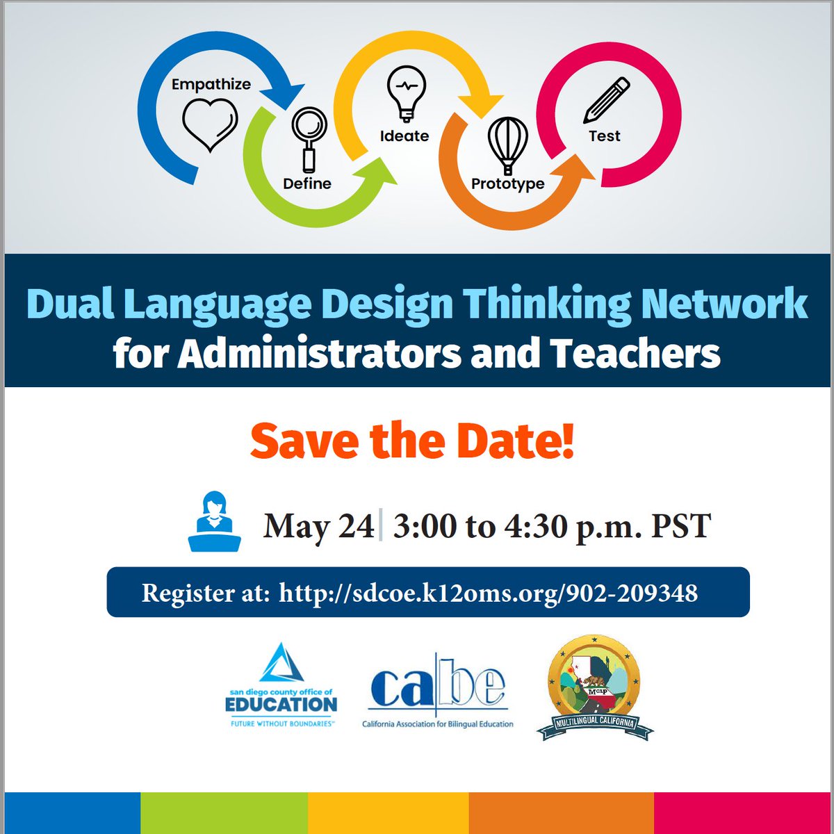 Join us for the upcoming Dual Language Design Thinking Network for DLI Educators on May 24! Main topic for this session: Socio-Cultural Competency. Register here: sdcoe.k12oms.org/event_register… <a href="/SanDiegoCOE/">San Diego County Office of Education</a> <a href="/CABEBEBILINGUAL/">CABE</a> <a href="/mcapalliance/">MCAP Alliance</a> <a href="/DualLangChat/">DualLangChat</a> <a href="/DLELnetwork/">DualLangNetwork</a> <a href="/MultilingualCA/">CA Multilingual Education</a> <a href="/DLeNM/">DLeNM</a>