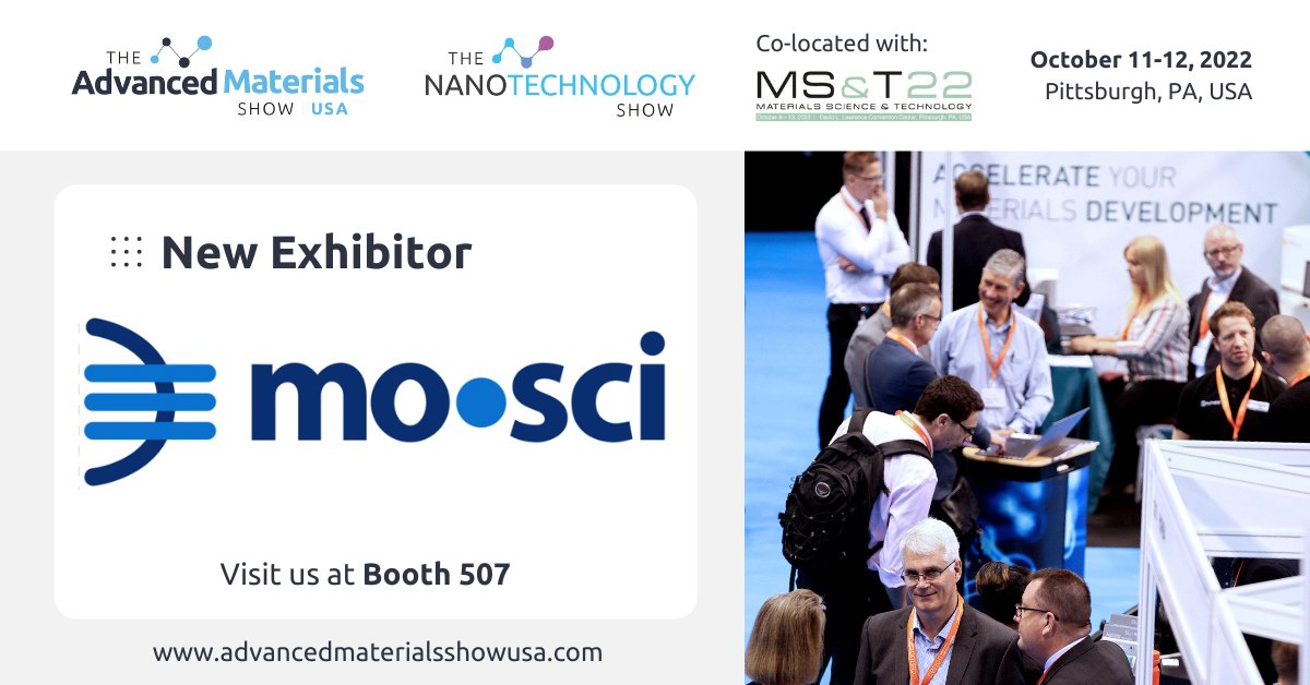 Materialshowusa's tweet photo. We're thrilled to welcome @MoSciCorp as our latest exhibitor for @Materialshowusa @NanoShowUSA and MS&amp;T in October 2022. We're looking forward to seeing them at booth 515.
 
Interested in exhibiting?: https://t.co/N9CttZvCvP
 
#NTS22 #AMSUSA22 #nanotechnology #nano #nanomaterials https://t.co/OxUPJHwY9L