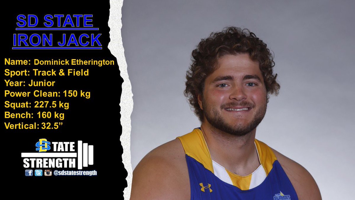 SDStateStrength's tweet photo. Our first Iron Jack shout out we have for you today is Dominic Etherington. Dominic is a junior on the Jackrabbit Track &amp; Field team and has achieved the title “Iron Jack”. Congrats Dom!! #STATEBuilt #STRONGjacks https://t.co/WZkt2W5NLr