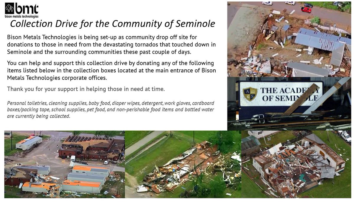 bison_metals's tweet photo. Please consider donating to those in need from the destructive tornados that have hit Seminole and the surrounding communities this past week. 
Drop off location is 41600 Wolverine Rd, Shawnee, OK 8 am to 5 pm Monday thru Friday. 
Donations will be accepted thru Friday, May 13th. https://t.co/Wt6PwHlTjB