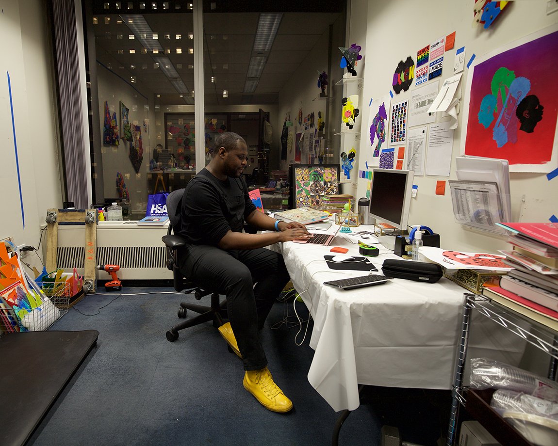 uprisenyc's tweet photo. #DamienDavis’ practice builds a personal lexicon of shapes and colors to question how cultures code, decode, and recode representations of race. Go behind the scenes here as he prepares for Future Fair: https://t.co/bAUeF2TLJp https://t.co/nFevJTUrY5
