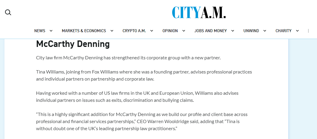 mccarthydenning's tweet photo. We'd like to give a big welcome to Tina Williams who has joined our #Corporate Team this week. You can read more about Tina's move in @CityAM: https://t.co/6odIL7BrGJ

#corporatelaw #partnershiplaw https://t.co/xG3gANgI5C