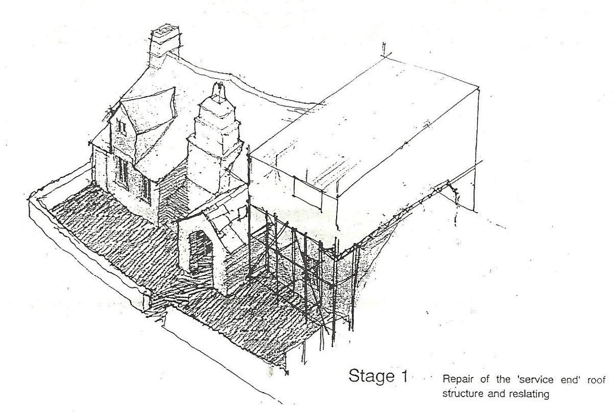 #OnThisDay, 30 years ago in 1992, roof restoration began at #Tintagel OPO. The slates were removed in three stages in order to repair the supporting timbers. 
The conservation project took six months and cost £75,000. It was decided that the Tudor roof should remain wonky 🙂