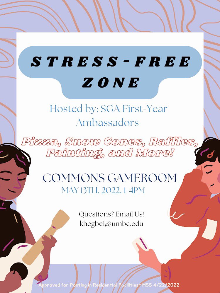 Just a little reminder, your FYA’s are hosting a Stress Free Zone on May 13! Eat some food, play some games, and de-stress before finals! 😊💛🖤