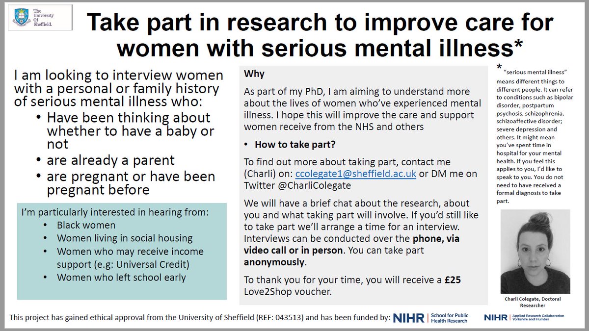 CALL FOR PARTICIPANTS
Now recruiting participants for PhD project, info 👇. Hope findings will help improve inequalities in care. If you are interested in being interviewed, please email: ccolegate1@sheffield.ac.uk or DM for more info.  
#maternalmentalhealth #maternalmhmatters