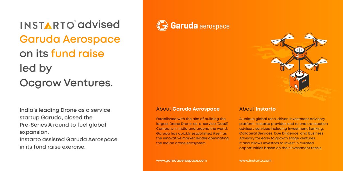 InstartoOffical's tweet photo. #Instartodealalert: Thrilled to announce that INSTARTO acted as the financial advisor and advised Garuda Aerospace Private Limited, which is an innovative &amp; leading organization in the Drone ecosystem, witnessing phenomenal growth and coming with global solutions. https://t.co/bJYVaeKrWP