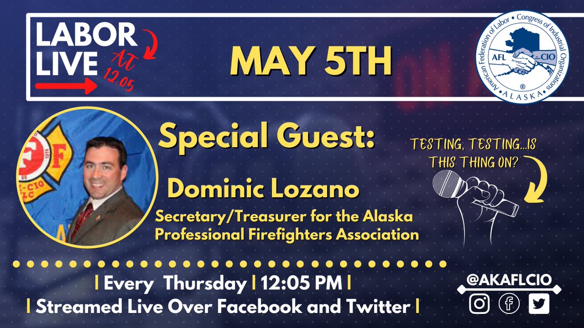 AKAFLCIO's tweet photo. We are closer than ever to returning public safety officers to a defined benefit pension!
Dominic Lozano from @akpffa joins us to provide an update on HB 55 and how you can help get it across the finish line. Don't forget to tune in! #1u https://t.co/SlWDSknwg2