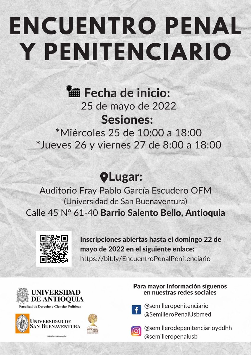 SemilleroY's tweet photo. Desde la Facultad de Derecho de la Univerdidad de San Buenaventura y la Facultad de Derecho de la Universidad de Antioquia 
Extendemos la invitacion al pùblico en general interesados en la cuestion penal y penitenciaria.
@usbmed @UdeA @derechousb @upbcolombia https://t.co/e19Y4isRw6