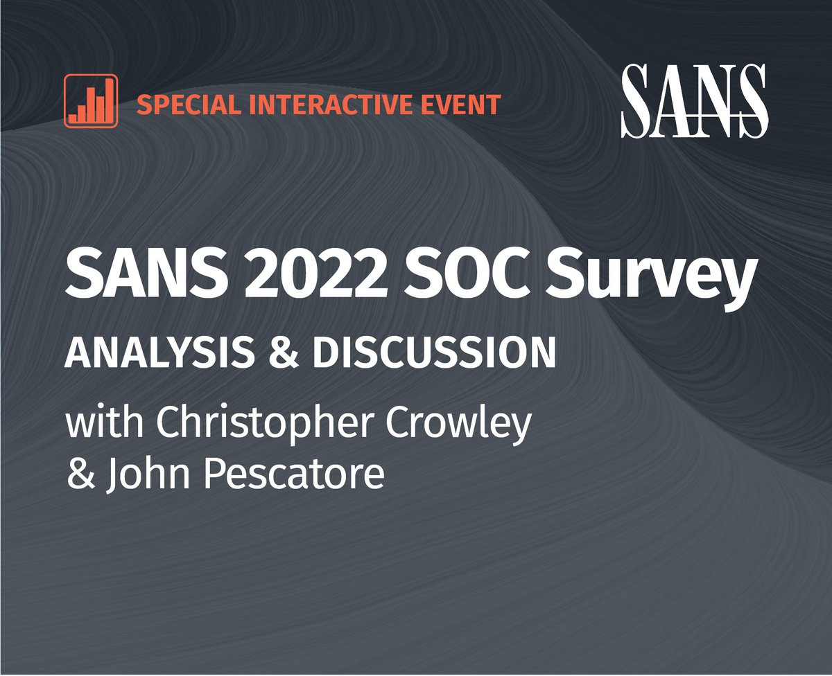 Don’t miss this live event discussing the SANS 2022 #SOC Survey results! 

Join &amp; receive the paper written by SANS Senior Instructor, <a href="/CCrowMontance/">Christopher Crowley</a> &amp; Research Director, Barbara Filkins. Our very own <a href="/curtistse/">Curtis Tse</a> will also be joining the conversation.

👉 sans.org/webcasts/sans-…