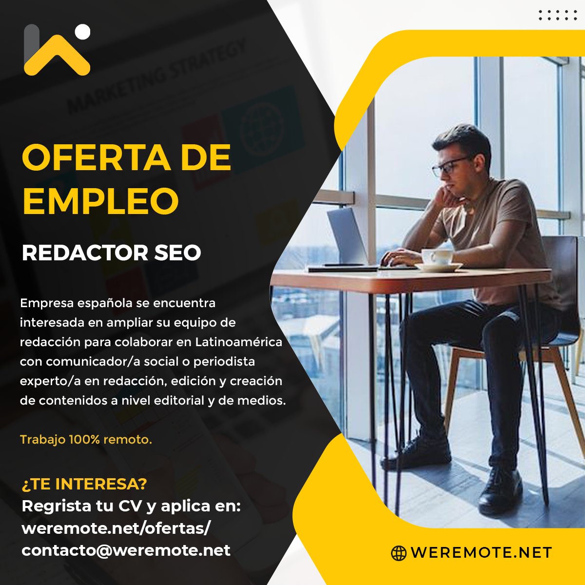 weremote_net's tweet photo. 👩💻 REDACTOR SEO 🧑💻
¿Tienes experiencia en redacción, edición y creación de contenidos a nivel editorial y de medios?
¡¡Esta oportunidad es para ti!!
Para aplicar ingresa al link de la oferta 👉 https://t.co/nk8VBF8mBP 👈
#redactor #redactorseo #redacción #empleo https://t.co/JfAWnPumU5