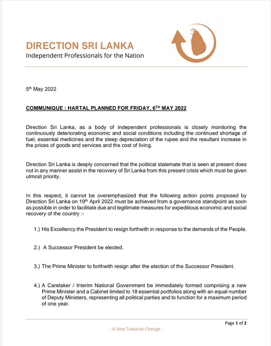 DirectionsSL's tweet photo. We encourage all #professionals to join &amp; participate in the ‘Hartal’ due to take place on Friday, 6th May 2022, however ensuring that there would be minimal affectation to fellow citizenry &amp; the functions &amp; duties each one performs.
#DirectionSriLanka2022
#ProfessionalsSL #lka https://t.co/mmFvv7Nvyo