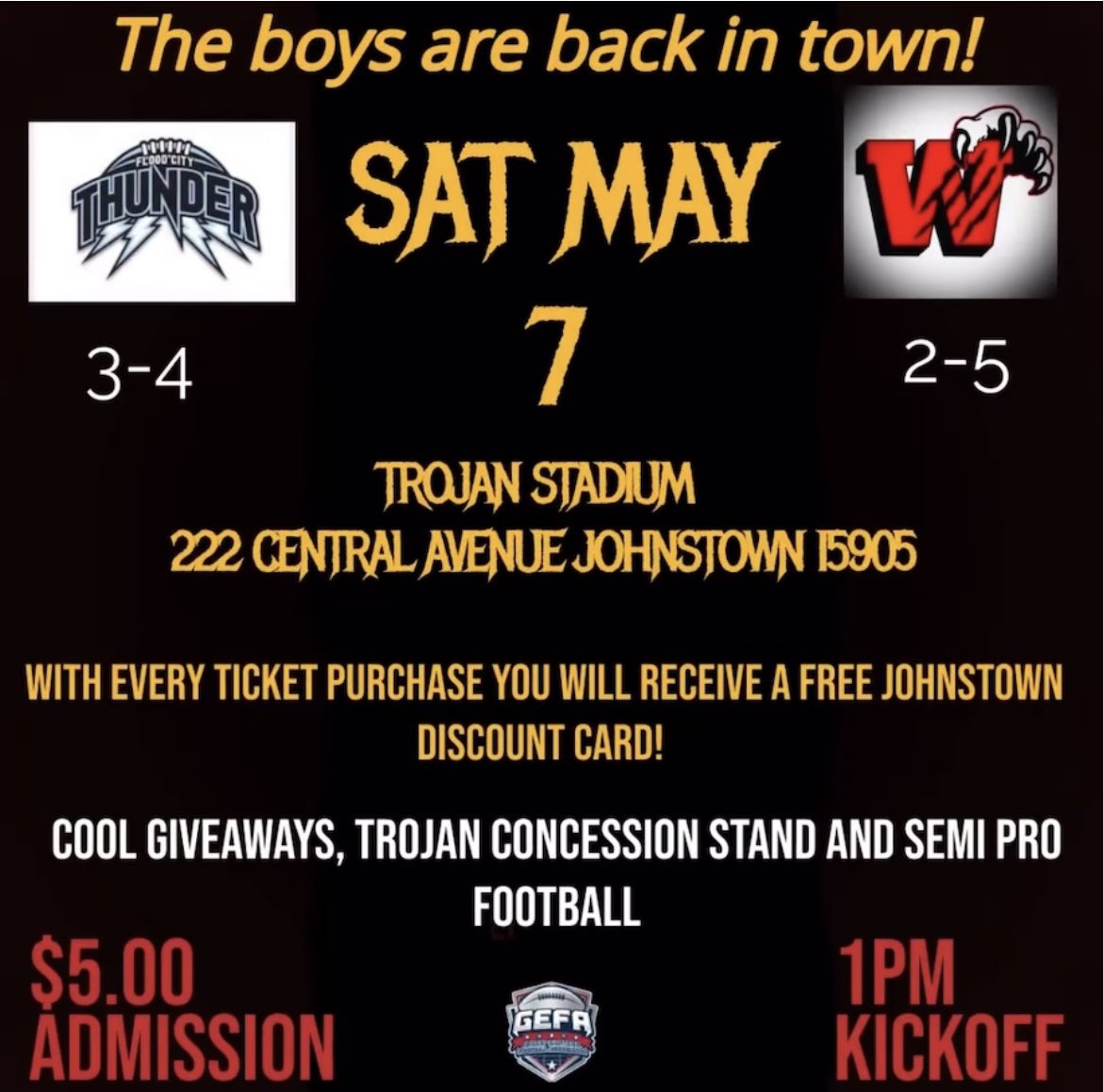 ThunderFlood_PA's tweet photo. After 5 away games, the Thunder is finally back in Johnstown this weekend! Come check out some cool giveaways and support the team. You won’t want to miss it! ⚡️
#football #johnstownpa #floodcity #gefa #semiprofootball #visitjohnstownpa #floodcitythunder https://t.co/LjyUeAZYi6