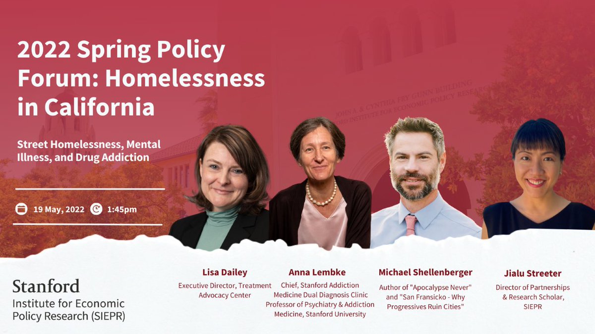 LisaDaileyTAC's tweet photo. I will be speaking @SIEPR's #Homelessness Policy Forum on 5/19 @stanford. Join @StanfordPSY's @drugdealermd, @ShellenbergerMD, & @jialu_streeter and me as we discuss street homelessness and mental illness: https://t.co/6NEtN2IKJN #SpringPolicyForum https://t.co/sUsWQGU4W3
