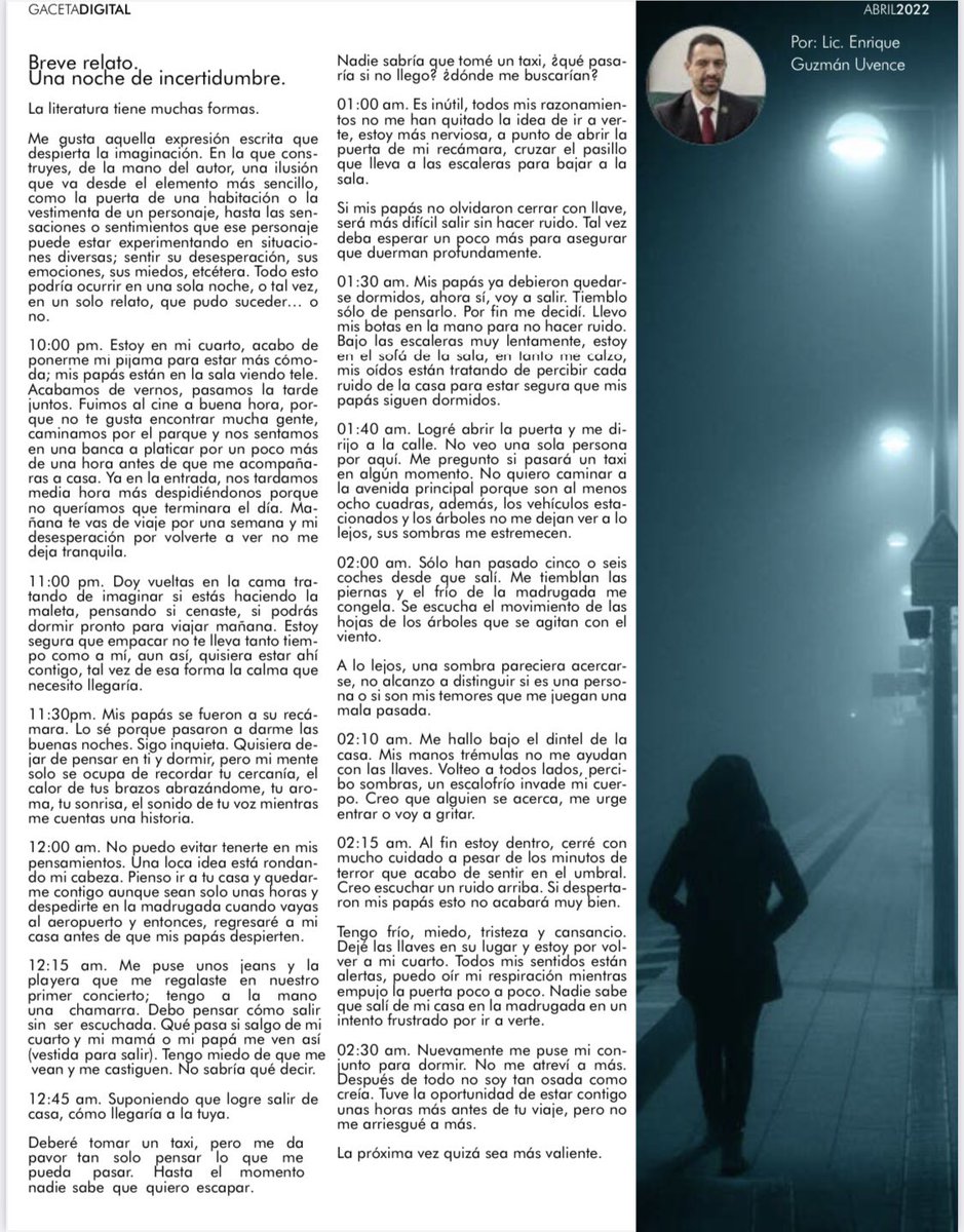 eguzmanu's tweet photo. Breve relato. Una noche de incertidumbre.

La literatura tiene muchas formas. Me gusta aquella expresión escrita que despierta la imaginación. En la que construyes, de la mano del autor, una ilusión. https://t.co/gCnFSu3qoa