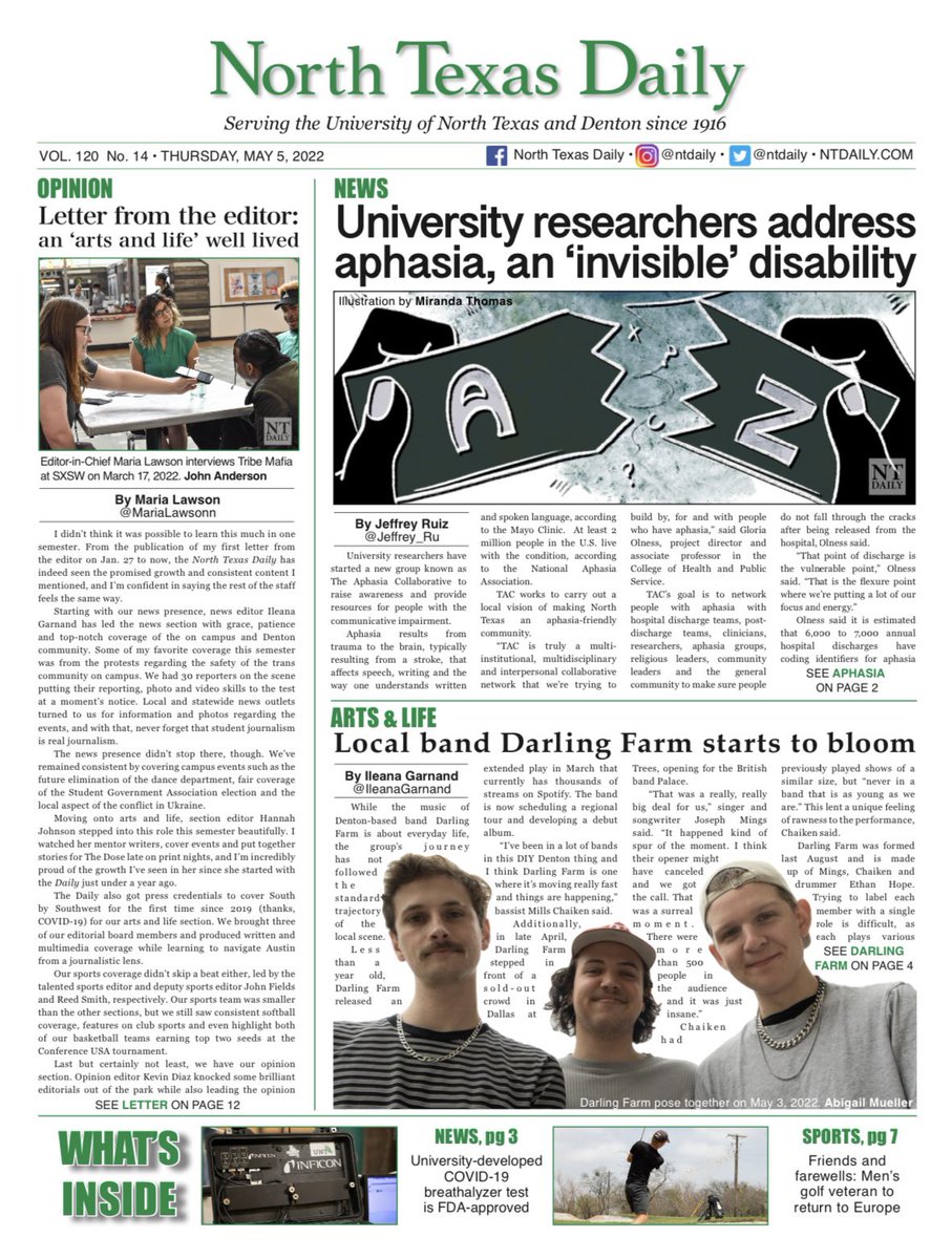 Happy Thursday! Our last issue of the semester is out now! In this issue, you’ll read a letter from the editor, learn about university researchers addressing aphasia, Denton-based band Darling Farm and more. Pick up a copy! 🗞🎊

Or our online edition 📲: ntdaily.com/newspapers/5-5…