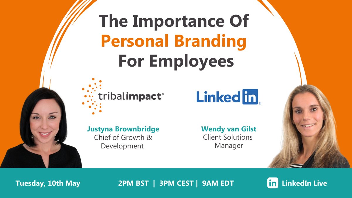 Join <a href="/JJBrownbridge/">Justyna Brownbridge (Wilner)</a> &amp; <a href="/wendyvangilst/">Wendy van Gilst</a> for our next LinkedIn Live session. 
"The Importance Of Personal Branding For Employees"
Tues 10th May at 2pm(BST) | 3pm(CEST)
#PersonalBranding #LinkedIn #EmployeeAdvocacy
Event Link:
hubs.ly/Q019D1zm0