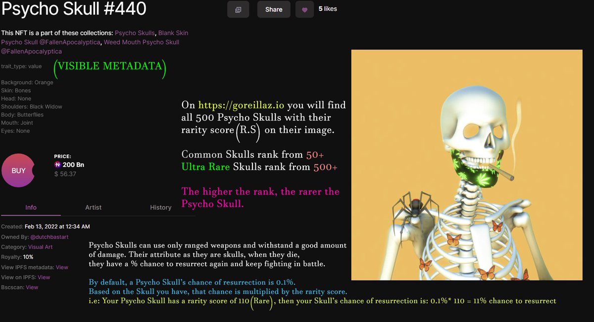 An example of how Psycho Skulls Rarities are translated to the game and what they mean for the upcoming game.

#ENTERART #enterNFT #NFTART #NFT  #NFTcommunity #NFTmarketplaces #Cryptoart #nftcollectible #nftcollection #DeFi #Bsc #BNB #Crypto #Metaverse #ninjas #blockchain #GameFi