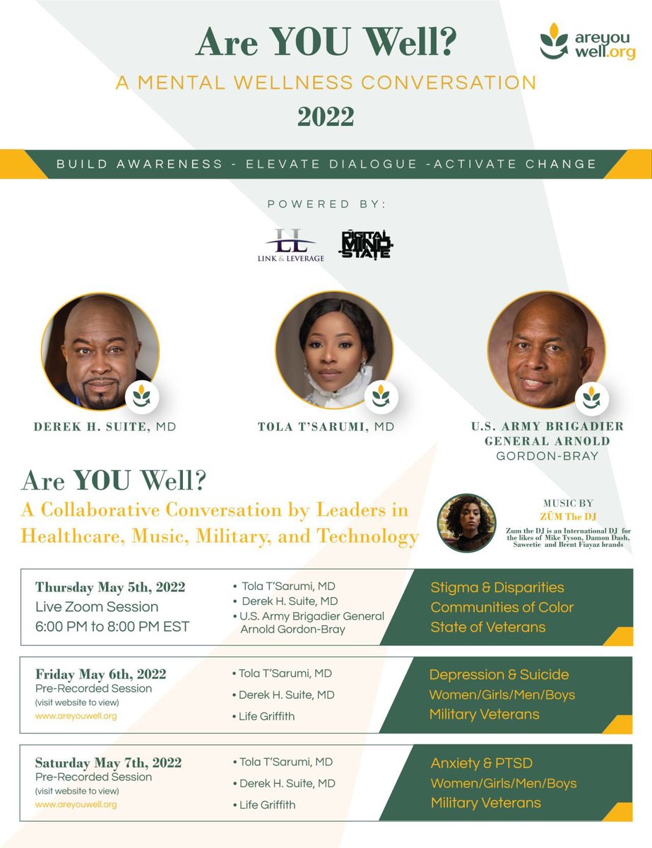 Join us and take part in Are You Well? A Mental Wellness Conversation starting on Thursday, May 5th-7at 6pm on Zoom. Become part of the conversation. Register today and be the change that fosters dialogue and provokes action by visiting areyouwell.org.