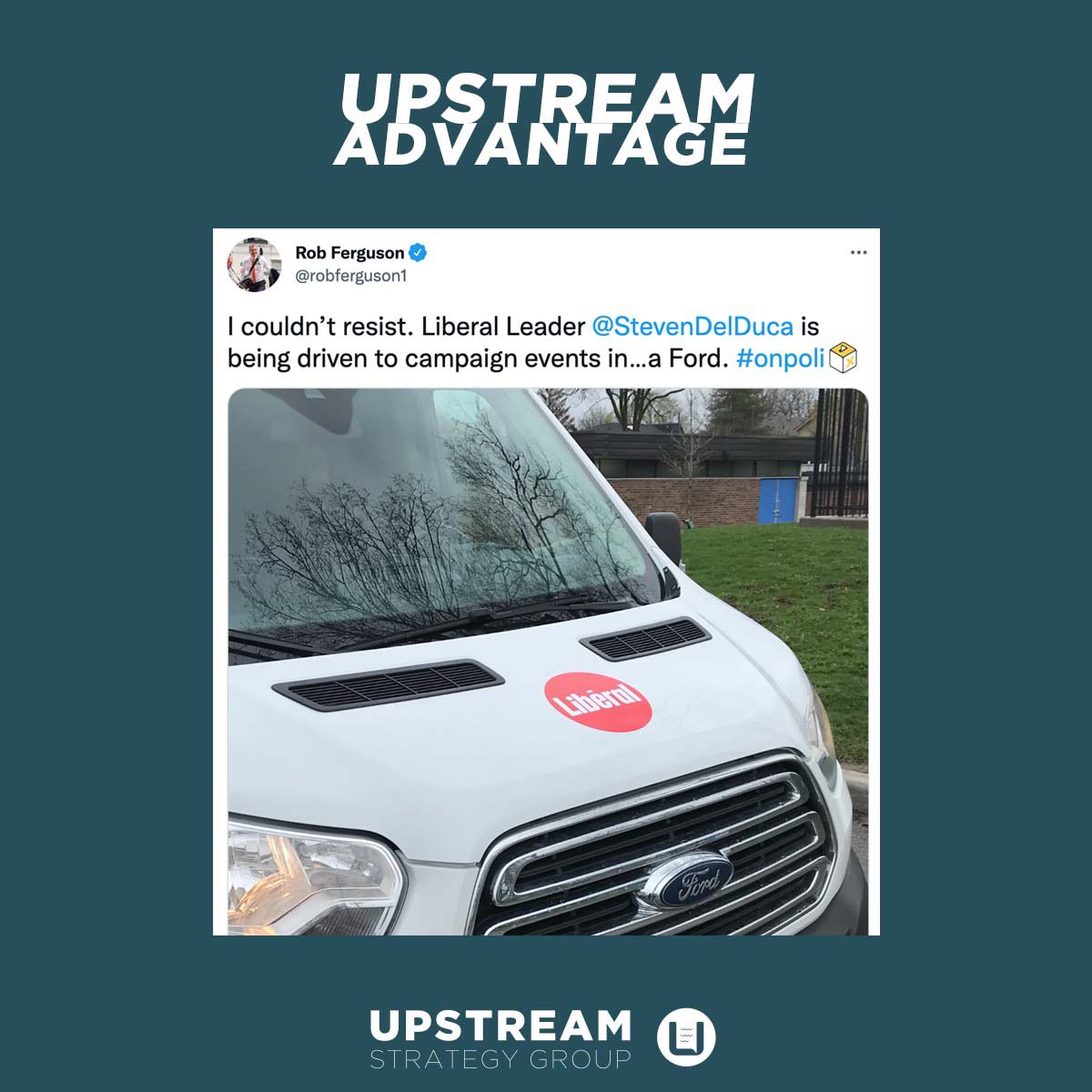 The most coveted and sought after recognition in #OnElxn beyond winning the election itself? The @upstream_group Tweet-of-the-Day™️. Yesterday's honour bestowed upon @robferguson1. Sign up for our daily brief: upstreamgroup.ca/upstream-update