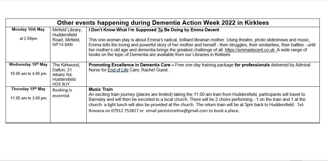 KDH_Dementia's tweet photo. Please see below for events during Dementia Action Week....#dementiaactionweek https://t.co/ZUS0V3pm6e