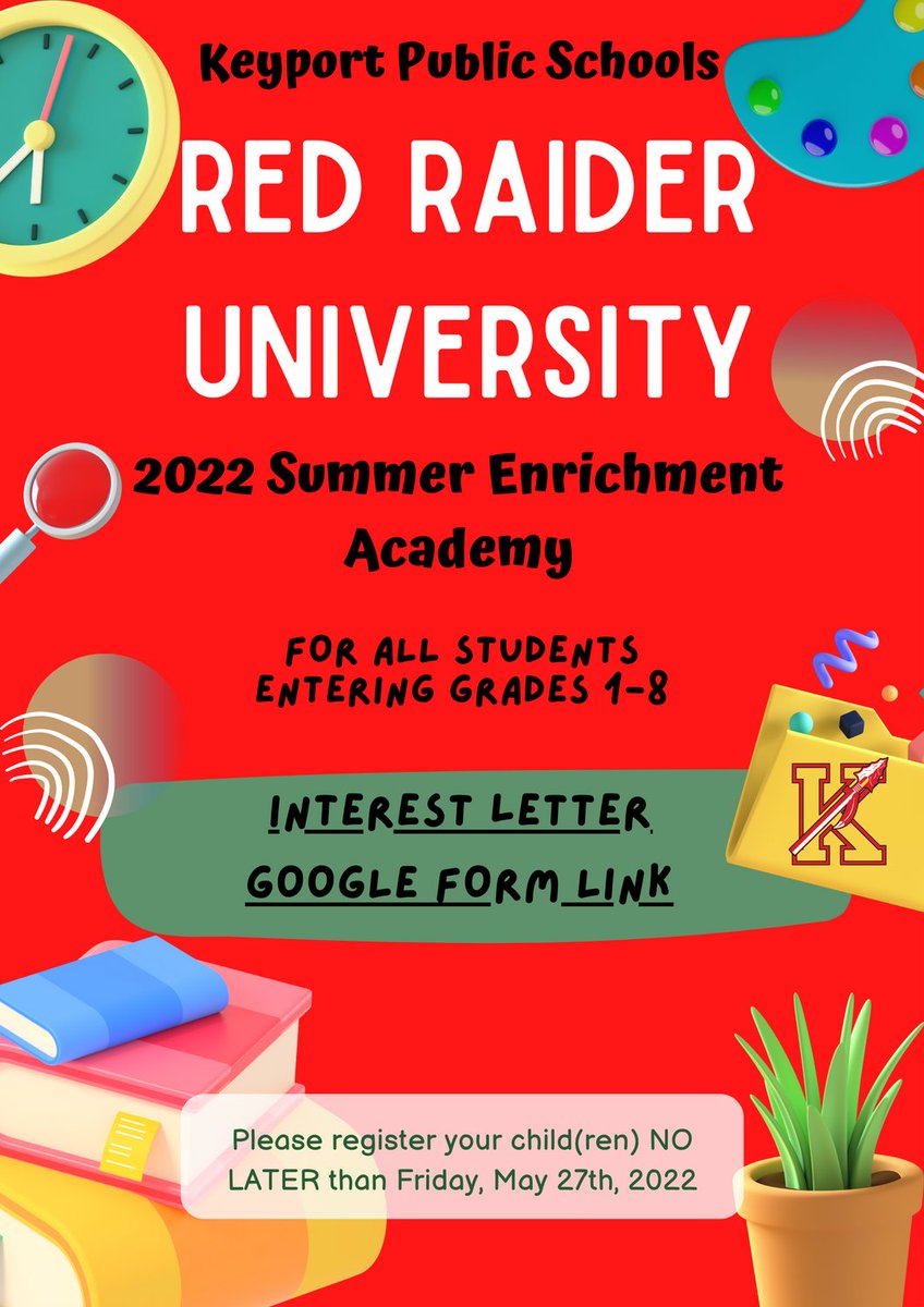 Registration for our Red Raider University - 2022 Summer Enrichment Program has opened for students entering 1st through 8th grade. Please make sure your child/children are signed up no later than May 27th! We CANNOT wait!!!