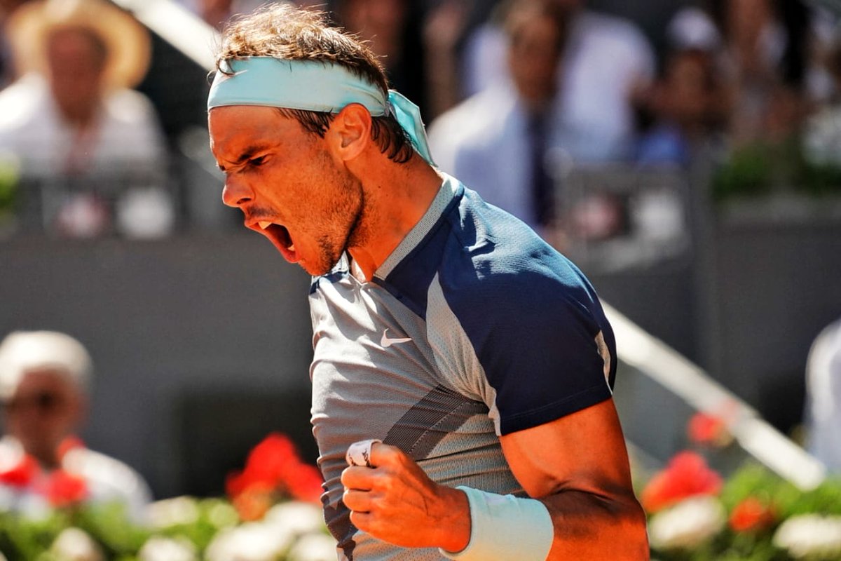 josemorgado's tweet photo. EPIC

5 times champ Rafael Nadal improves to 22-1 in 2022, surviving David Goffin 6-3, 5-7, 7-6(9) to reach the QFs in Madrid. 3h08

He was 6-3, 5-3 up and had MPs in the 2nd.

Then saved 4 MPs in the 3rd set tiebreak.

My god.

Awaits Alcaraz or Norrie.

Photo @BrunoAlencastro] https://t.co/xS7l3V21PS