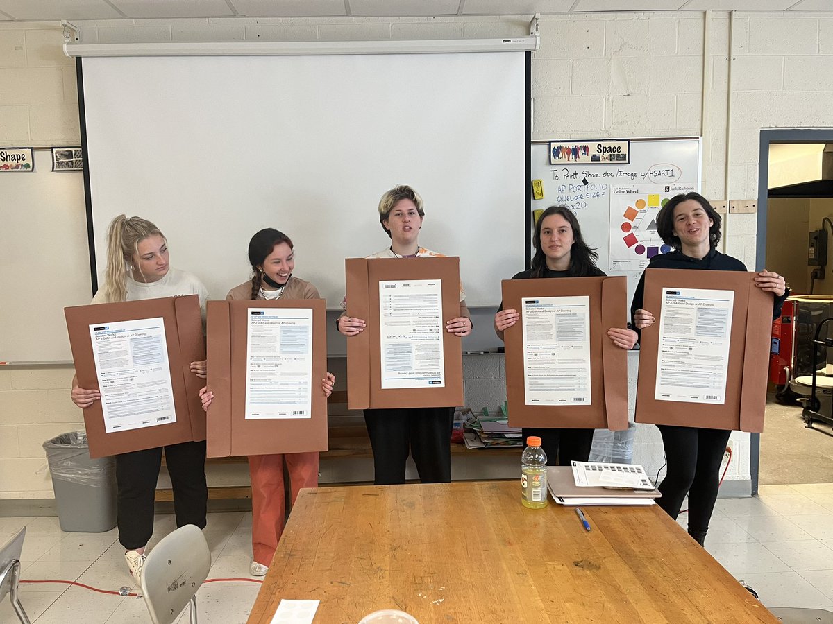 HBolensArtClass's tweet photo. Students in AP studio art, prepared their selected works to send off to College Board for scoring! A lot of long nights, trial and error, and skill went into the making of their portfolios. Congrats! Now take a deep breath!  #myLSPS #shorianpride https://t.co/4EmDapznl3