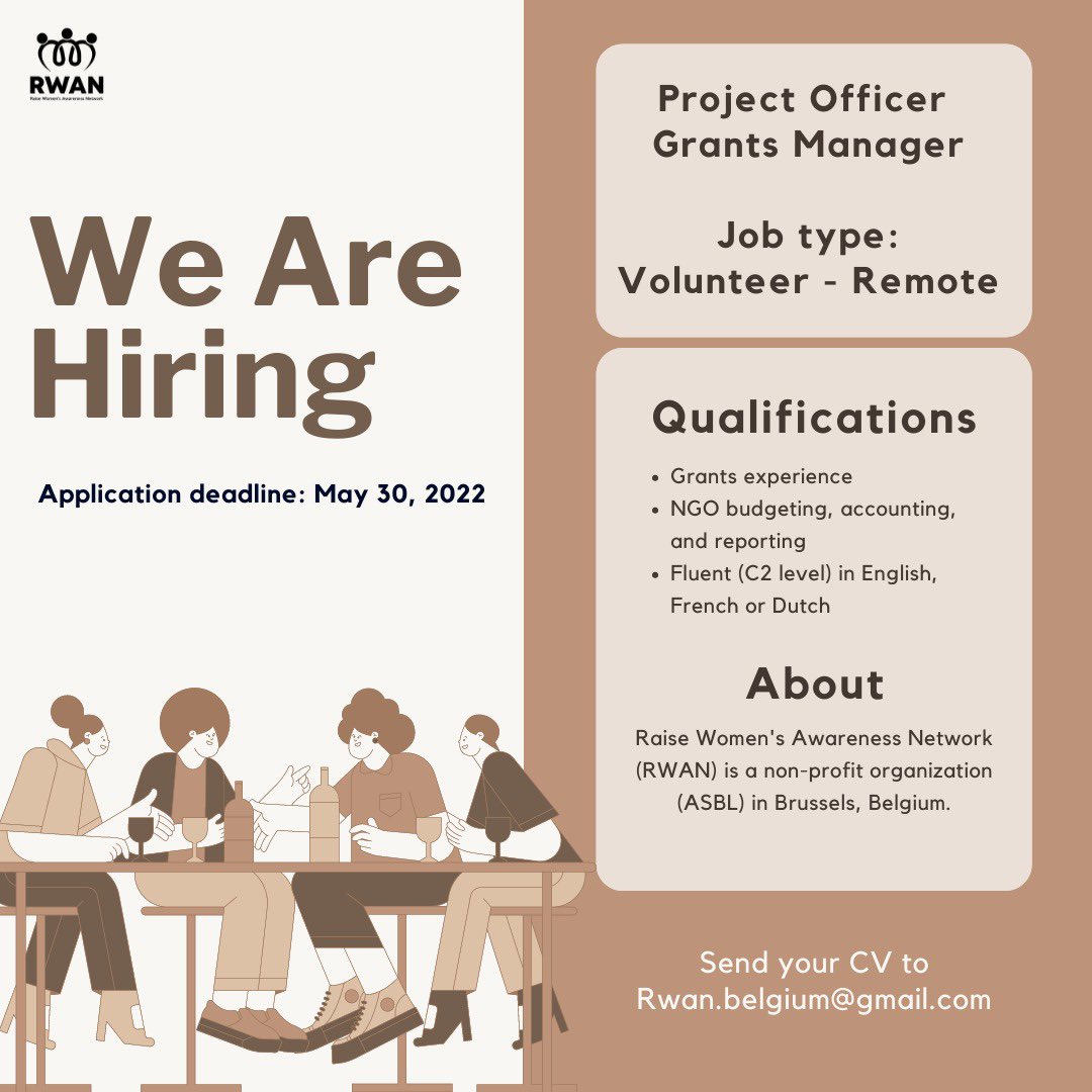 📢We’re #Hiring! 

Are you passionate about #WomensRights ? Then this opportunity is for you! 🧕👩🏻🤰👵🏼👩🏻‍🎓

Share with your friends!

🔗 Visit rwan-initiative.org to learn more