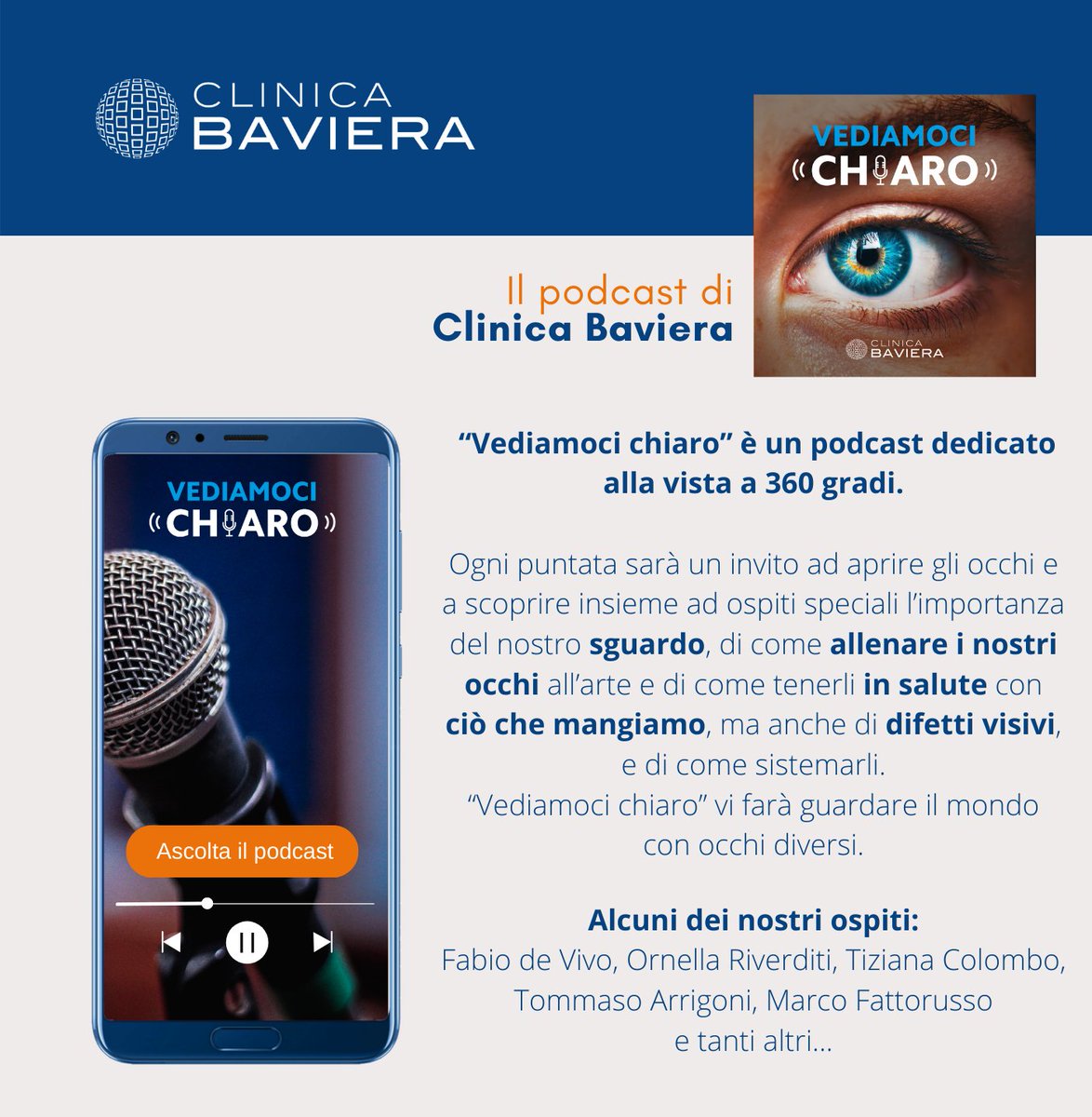 BavieraItalia's tweet photo. Siamo molto contenti di condividere il lancio del #podcast di Clinica Baviera #VediamociChiaro 👀🎧
In ogni puntata, assieme a ospiti speciali, potrai aprire gli #occhi su argomenti riguardanti il vostro #sguardo.
Clicca qui per ascoltarlo👉 https://t.co/GP3dF60Kie https://t.co/omIVsPbZlg