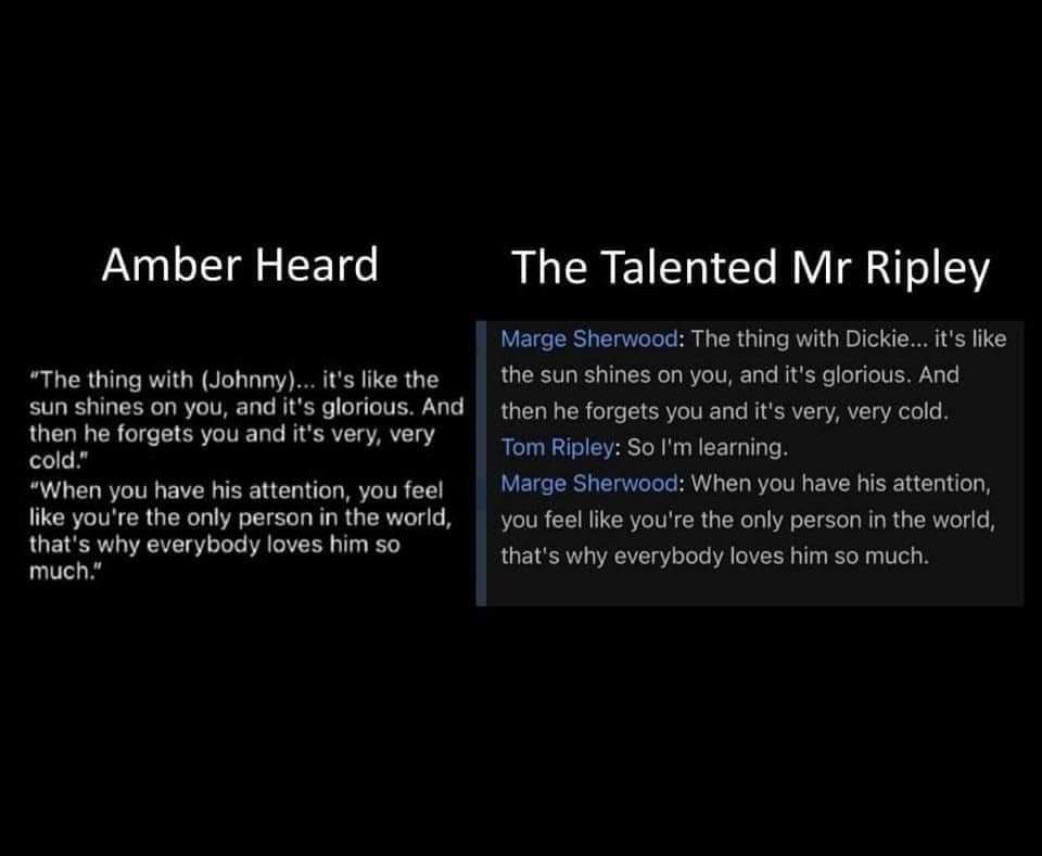 Liv_20__'s tweet photo. AMBERS TESTIMONY IS WORD FOR FUCKING WORD FROM THE TALENTED MR RIPLEY. WORD FOR FUCKING WORD 

#AmberHeardlsALiar #JohnnyDeppVsAmberHeard #JusticeForJohnny https://t.co/14vjn5lRLJ