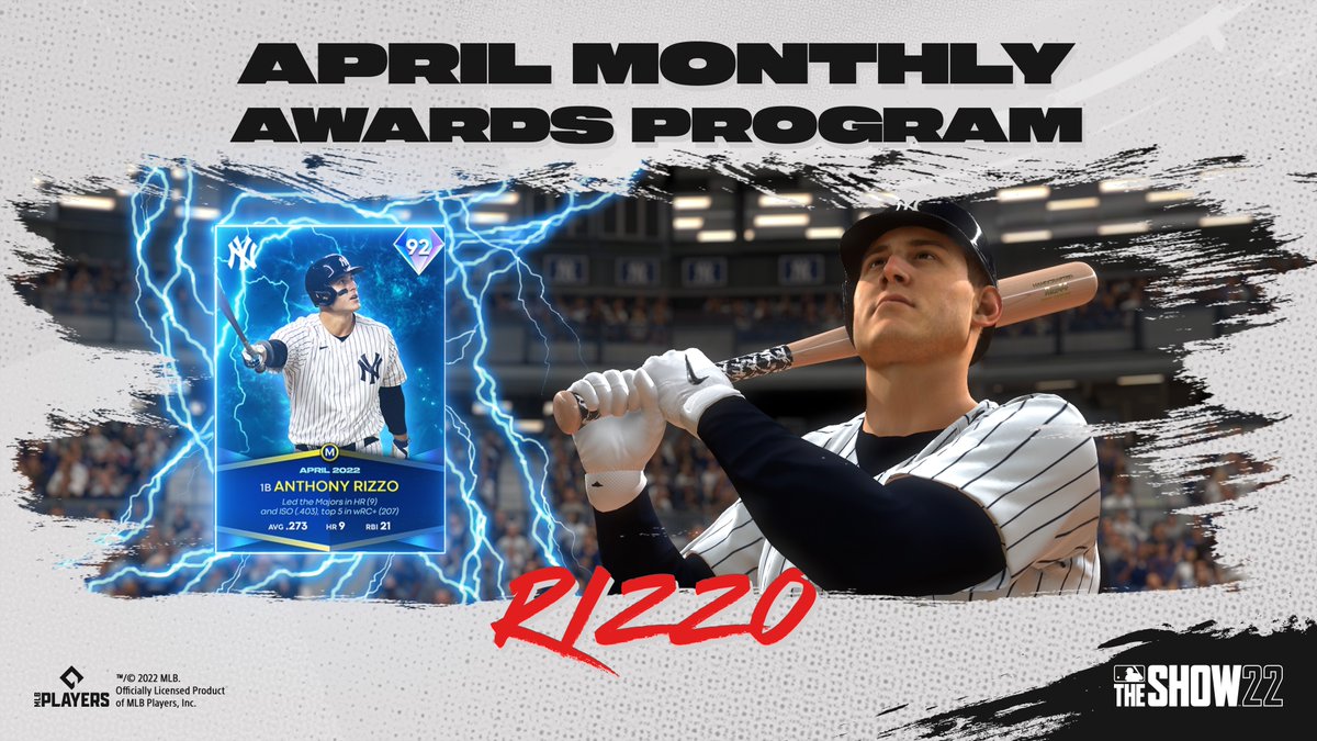 MLBTheShow's tweet photo. So many great candidates but only one can get the honor of being our April Monthly Awards ⚡Lightning Player⚡

The @Yankees 1B, Anthony Rizzo is ⚡💎⚡ for his electric MLB performance! @ARizzo44
Available to play soon!

#MLBTheShow https://t.co/guaKWFs28V