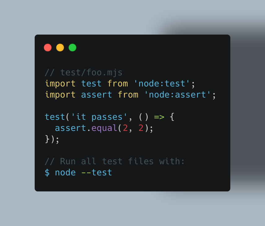 devongovett's tweet photo. Whoa, just found out that Node has a builtin testing framework now! 😲 https://t.co/JZhtIDMzS7 https://t.co/JLGGhDl5oi