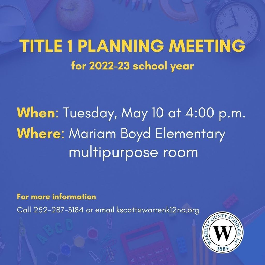 wcmiddlenc's tweet photo. Please join us for a Title 1 Planning Meeting for next school year. The meeting is Tuesday, May 10 at 4 p.m. in the multipurpose room at Mariam Boyd Elementary School. We look forward to seeing you there, as we work together to create the best schools for our students! https://t.co/DThuJkg3B1