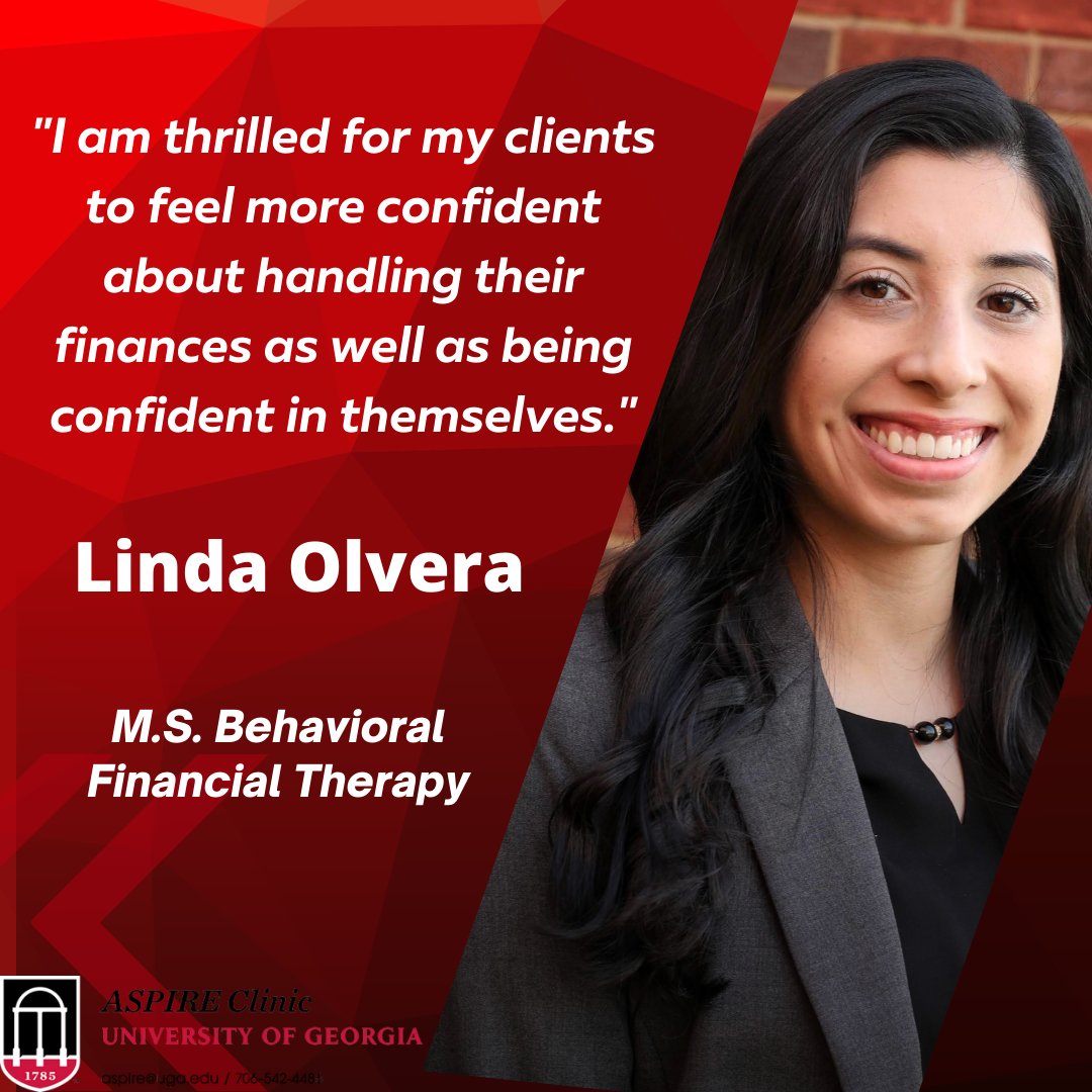 Thank you to ASPIRE Clinic financial team member Linda Olvera. Linda is a UGA student pursuing an M.S. in Financial Planning.
Learn more about Aspire here: bit.ly/3qeY8qg#ASPIRE #financialcounseling #financialtherapy #financialplanning #mentalhealth #holistic #financialwellness