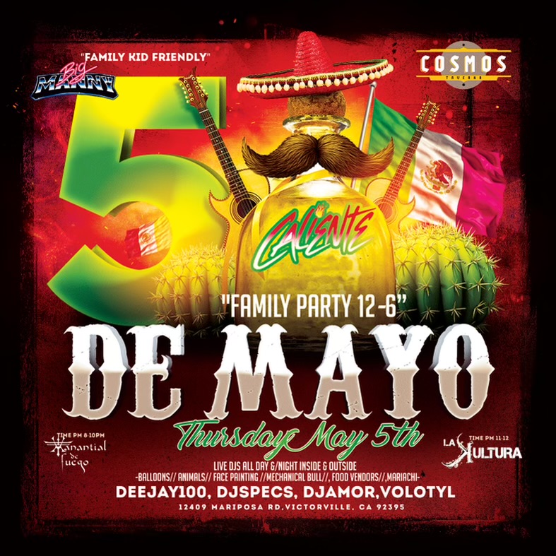 CosmosTaverna's tweet photo. Cosmos Taverna's Cinco de Mayo Celebration is heating up with DeeJaye100, DJspecs, DJamor, and Volotyl!  Make plans to spend the day with us on May 5th!!  Family Party 12-6pm. https://t.co/xoV9ol1scB https://t.co/2ffXnaFtPM