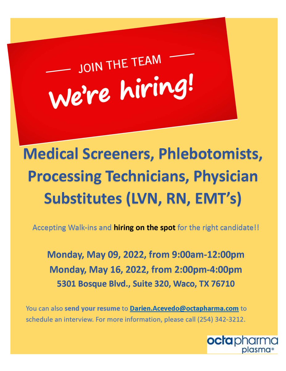 Job searching? Take advantage of this job opportunity with Octapharma Plasma in Waco! #highlanders #jobopportunity #mccwaco