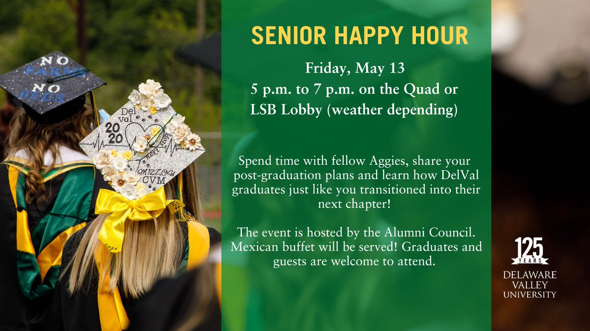 DelVal's tweet photo. To our graduating seniors, we invite you to the Quad or LSB Lobby (weather depending) on May 13 from 5 p.m. to 7 p.m. as we celebrate your accomplishments and welcome you to the DelVal Alumni family! Food and refreshments will be served. Spend time with fellow Aggies and alumni! https://t.co/Rz8FMyvZdM
