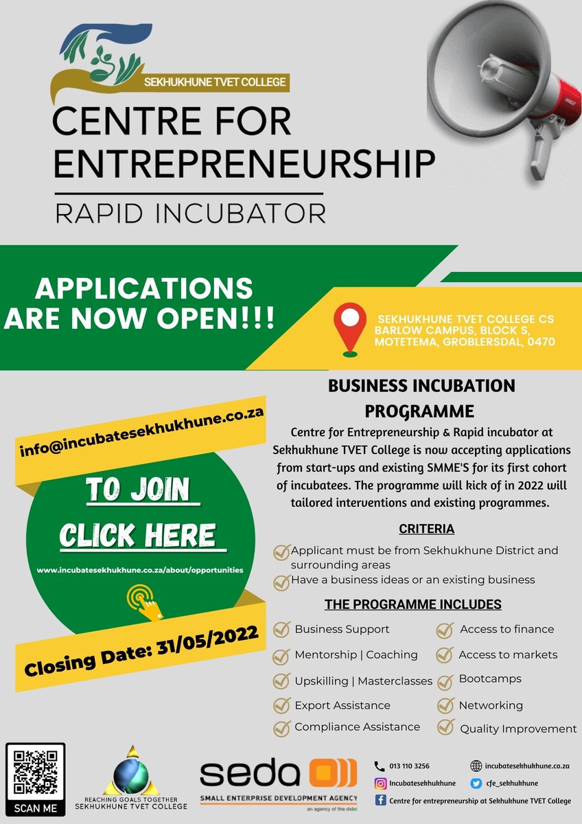 cfe_sekhukhune's tweet photo. 📢BREAKING NEWS!!!!! 📣📣
Apply today and change the future of your business!

Sekhukhune TVET College Centre for Entrepreneurship Rapid Incubator is recruiting it's 2022 Business Incubation Programme cohort . 

Apply here: https://t.co/Cxc58GHvMO

#Limpopo
#SekhukhuneCfERI https://t.co/leAnV4OZ3w