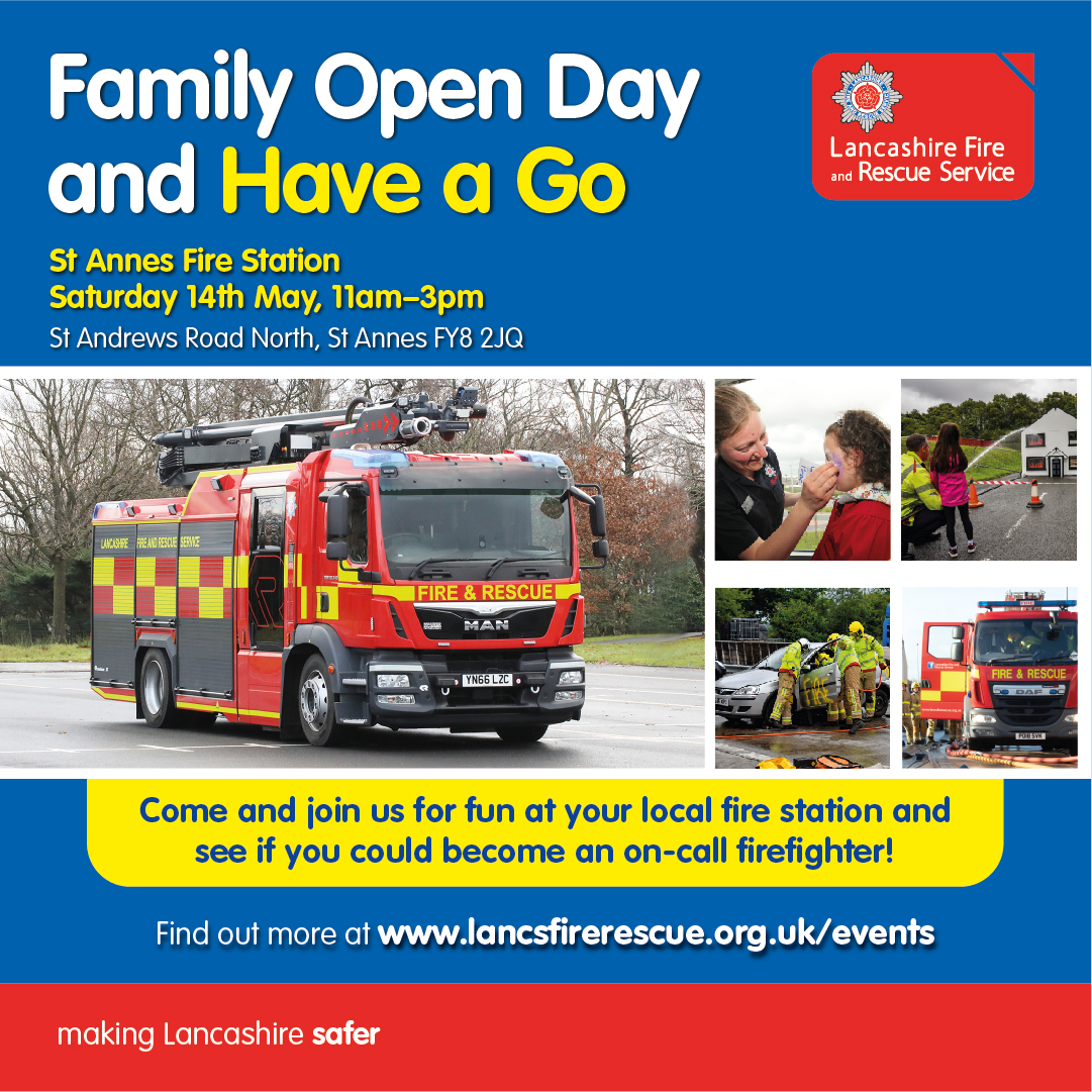 St Annes Fire (@stannesfire) on Twitter photo Come and join us at our open day on Saturday 14th May!
With stalls about recruitment, community safety & much more from our colleagues at Lancashire Police and North West Ambulance Service, there will be something for all the family to take part in! 
See you there 🚒 Come and join us at our open day on Saturday 14th May!
With stalls about recruitment, community safety & much more from our colleagues at Lancashire Police and North West Ambulance Service, there will be something for all the family to take part in! 
See you there 🚒