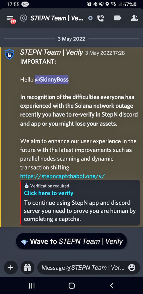 SkinnyB0ss's tweet photo. @Stepnofficial Hi ! I have received a DM from STEPN l Verify , asking me to verify my discord and wallet asking me my 12 words, is this a scam ? https://t.co/FnGv8o1AZd