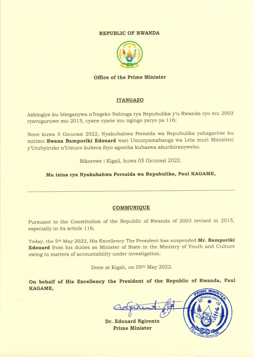 AdamsKwizera___'s tweet photo. JUST IN:
 President Kagame has suspended Edouard Bamporiki, from his duties as State Minister in the Ministry of Youth and Culture, "owing to matters of accountability under investigation"- according to the Communique from the Office of the Prime Minister.

#AdamsReports https://t.co/OtUNM1g2gk