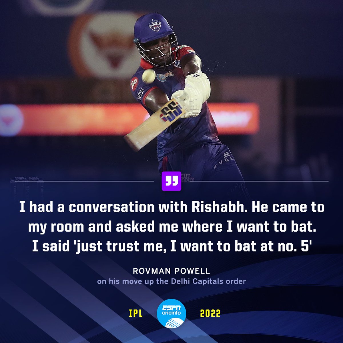 cricinfo's tweet photo. Rovman Powell backs up his words with action
#DCvSRH | #IPL2022
👉 https://t.co/Vidcs0YMst https://t.co/4ISpz8Lazd