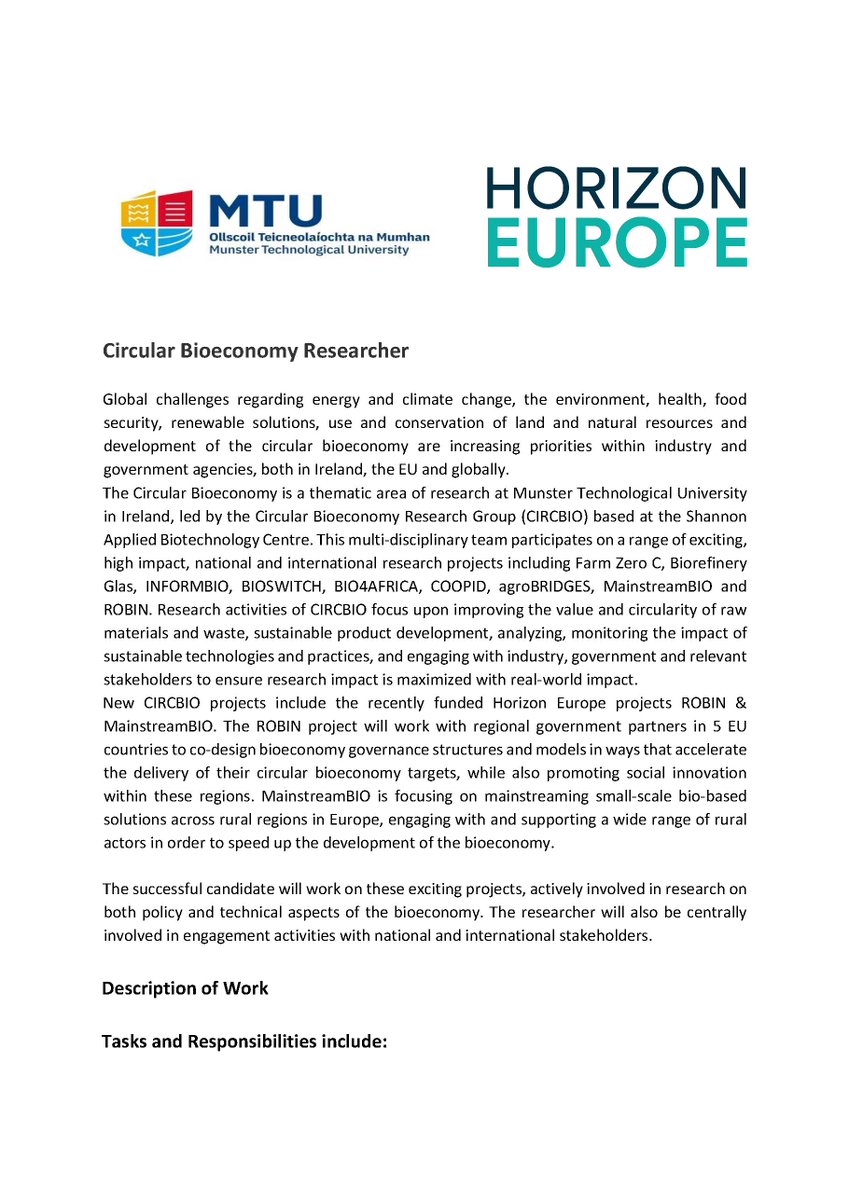 BiorefineryIE's tweet photo. #jobfairy @CircBio are recruiting a researcher to work on newly funded #exciting #HorizonEU projects #MainstreamBIO and #Robin. These are EU collaborative projects with local/regional impacts.
Check https://t.co/saZgGjgEib for more information. Position closes on 19th May 2022. https://t.co/Z3YojJqC8t