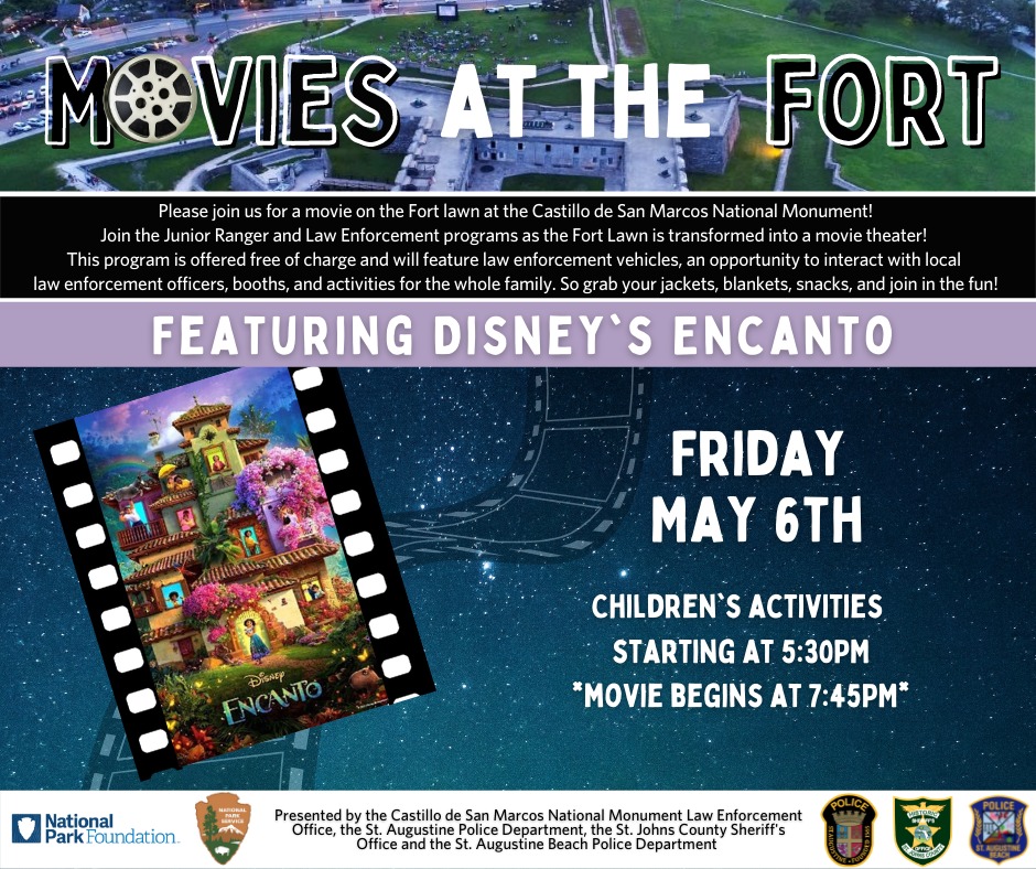 CityStAug's tweet photo. Join @StAugPD tomorrow, Friday, May 6, 2022 for a movie on the Fort lawn at @CastilloNPS! Children's activities start at 5:30 PM and movie begins at 7:45 PM. #CityStAug #StAugPD @sjsopio #FindYourPark #EncuentraTuParque #MoviesAtTheFort https://t.co/inBWxbo9r9